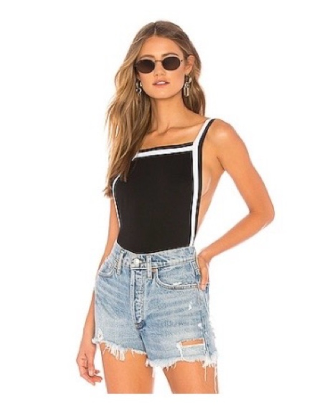 Lizbeth Bodysuit by Superdown Black Square-Neck with White Trim Size S